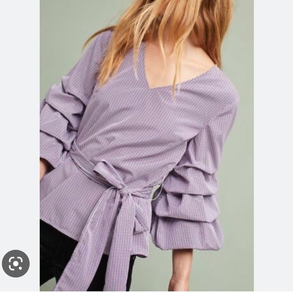 Anthropologie Sunday in Brooklyn Balloon Sleeve Check Ruffled Blouse Top - Picture 2 of 12